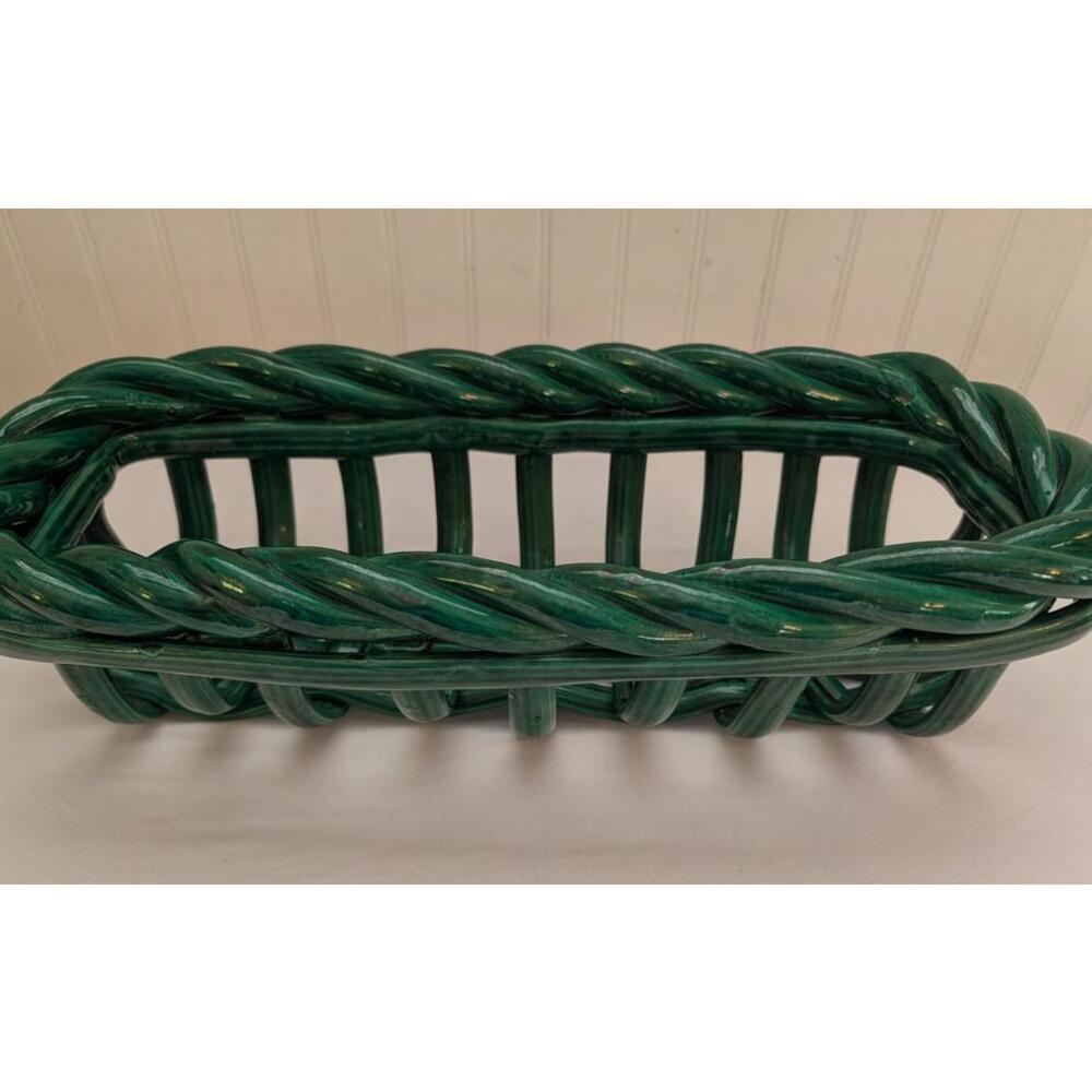 Rare Vintage Green Woven Ceramic Bread Fruit Basket Perfect Condition
